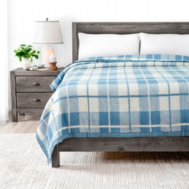 Poyet Motte Rivoli Solid 400GSM 100% Virgin Wool Blanket, Medium/Heavy Weight, Machine Washable (Blue/Natural Plaid, Full/Queen Size)