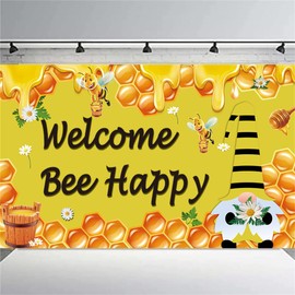 KYMY Welcome Bee Happy Backdrop Banner with 70.8x43.3inch, Honey Bee Gnome Background for Photo Studio Props Seasonal Summer Farmhouse Home Outdoor Yard Decorations (Yellow)