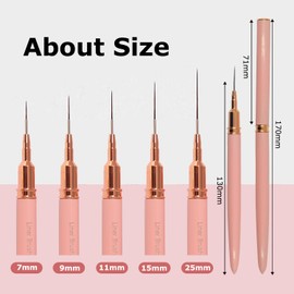 Keepzi Professional Detail Nail Art Paint Liner Brush Set, 5Pcs Small Polish Design Tech Nail Tip Fine Line Striping Brushes, 25/15/11/9/7Mm Skinny Long Bristle Nails Drawing Pincel Para Uñas, Pink