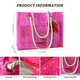 TotePrint Beach Bag Transparent PVC with Stars Design, Rope Carry Handle - Lightweight Waterproof Shopping Bag Pack of 1, pink