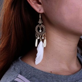 TseenYi Feather Earrings Gypsy Ethnic Drop Earrings White Feather Drop Earrings Pearl Leather Tassel Earrings Gold Open Circle Dangle Earrings Leather Charm Hook Earrings, Zinc, No Gemstone