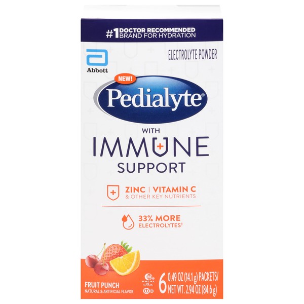 Pedialyte, Electrolyte Drink Immune Support Fruit Punch Punch Powder, 6