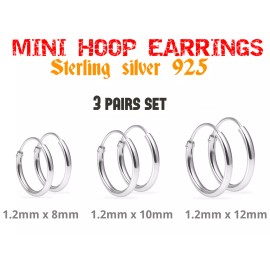 Silver Line Adorable Plain Mini Hoop Earrings 3 Pairs Set 8mm 10mm 12mm Sterling Silver 925