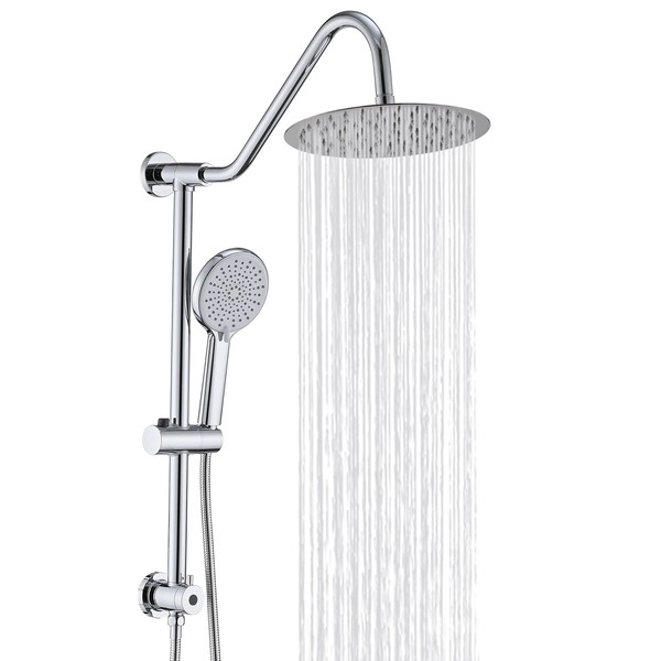 UCLIMAA 10 Inch Rain Shower Head with Handheld System, 24" Drill-free Slider Bar with Low 3-Way Diverter for Easy Reach, 4 Setting Handheld Spray with 5Ft Stainless Steel Hose - Chrome