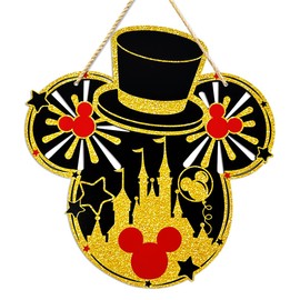 Welcome Door Sign Mouse Shape Decorations Wooden Hanging Sign Black Gold Ornament for Front Door Home Wall Decor Welcome Summer Party Supplies