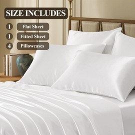 VCUSUELER Silk Like Satin Bed Sheets, 6-Piece White King Size Satin Sheets for Hair and Skin, Luxury Silky Bedding Set with Deep Pocket for Mattress (King, White)