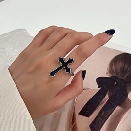 Xduargs Boho Black Cross Finger Ring Black Cross Open Knuckle Ring Vintage Resin Cross Wrap Open Ring Cross Adjustable Stacking Ring Punk Religious Christian Ring Jewelry for Women