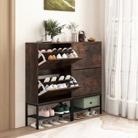 Giantex Shoe Storage Cabinet - Hidden Shoe Organizer with 2 Flip Drawers, Adjustable & Removable Interior Shelves, Freestanding Narrow Shoe Rack Cabinet for Entryway Hallway, Rustic Brown