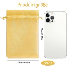 Sheer Organza Bags, 50PCS 17x23cm Medium Organza Gift Bags, with Drawstring Jewelry Gift Bags, Wedding Favour Bags for Party Festival Game(Golden)