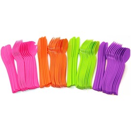 Disposable Plastic Cutlery Set, 24 Guest Pack, Assorted Colors - Hot Pink, Orange, Lime Green, Purple