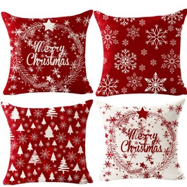 Andreannie Set of 4 Best Christmas Day Gift Pine Tree Merry Christmas Cross Jesus Cotton Linen Throw Pillow Case Cushion Cover Home Office Decorative Square 18 X 18 Inches (Cerise)