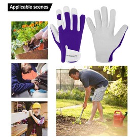 Ladies/Mens Leather Gardening Gloves Thorn Proof Garden work gloves with Goatskin Leather Breathable Spandex Back (Large, Purple)