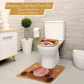 Minicoco Christmas Toilet Seat Covers Pads Funny Christmas Decorations Christmas Bathroom Set Toilet Lid Cover Set U-Shaped Toilet Rug Washable Soft Warmer Toilet Cover (Elk)