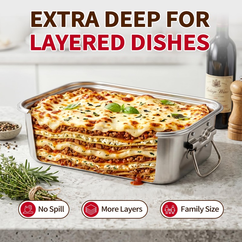 Extra Deep Stainless Steel Lasagna Pan with Loop Handles &