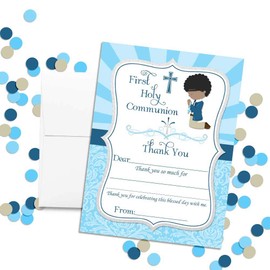 First Holy Communion Religious Thank You Notes for Boys (Darker Skin, Black Hair), Ten 4" x 5.5" Fill In The Blank Cards with 10 White Envelopes by AmandaCreation