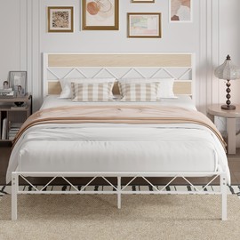 VECELO Queen Size Bed Frame with Headboard, Heavy-Duty Platform Bedframe with Metal Slats Support, No Box Spring Needed, Easy Assembly, White & Natural