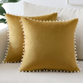 Sungeek Set of 2 Velvet Cushion Covers, Soft Cushion Cover with Pompoms, Decorative Cushion Covers, Sofa Cushion, Couch Cushion, Decorative Cushion Cover for Sofa, Bedroom, Living Room (45 x 45 cm,