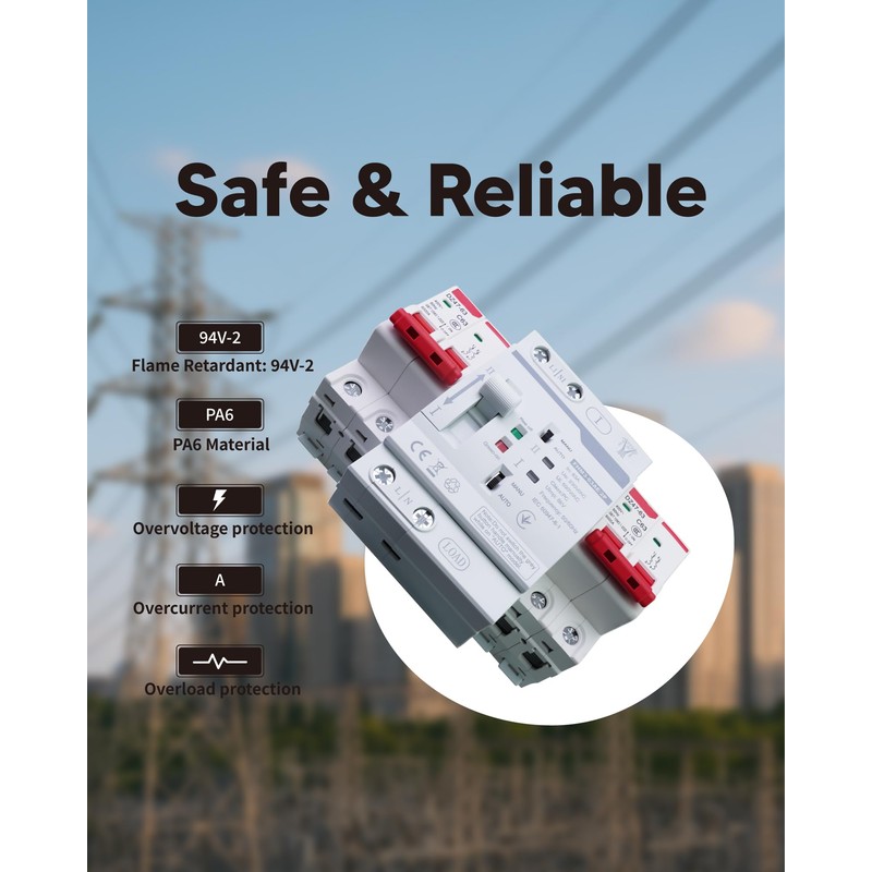 ATS AC Automatic Transfer Switch 2P 63A 220V with Overload