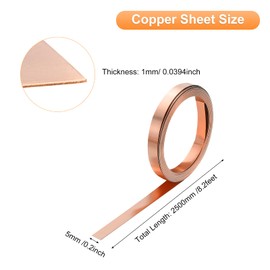 sourcing map Copper Sheet Roll 2500mm x 5mm x 1mm, 0.2" x 8.2ft 38 Gauge 99.9% Pure Copper Flashing Strip Metal Foil Plate for Electricity DIY Projects (Multiple Sizes)
