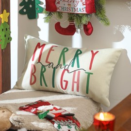 NEWLIGHTURE Christmas Pillow Covers 12x20 Christmas Decorations Merry Bright Colorful Christmas Lumbar Pillows Decorative Throw Pillows Cases Winter Holiday Decor for Home Couch