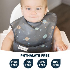 Tiny Twinkle Mess-Proof Baby Bib - Waterproof Bib for Baby Boy or Girl - Machine Washable - Adjustable Closure - PVC, BPA, & Phthalate Free - Great for Travel - Baby Food Bibs (3 Pack, Space)