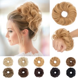 SEGO Pro Messy Bun Hair Pieces for Women and Girls Real Human Hair Scrunchie Curly Bun Hairpiece 23g Curly (Golden Brown & Bleach Blonde)