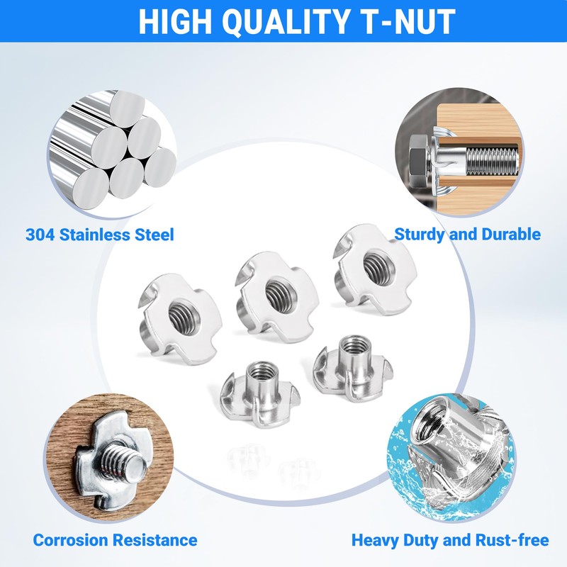 35 Pack 1/4-20 T-Nuts, 304 Stainless Steel 4-Pronged Tee Nut