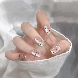 Nail Tip, Short, 24 Pieces, Nail Tip, False Claws, Cat Eye, Pink, Red, White, Green, Yellow Dots, Skin Color, Popular, Japanese Style, Cute, Simple, Fashionable Party, Nail Tip, Autumn, Spring,