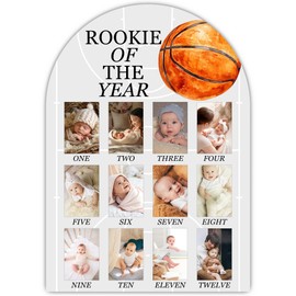 UIBOVA Rookie Of The Year My First Year Photo Board, Basketball Baby Milestone Signs for Boys Girls Nursery Decor, 12 Month Wooden Picture Board for 2x3 Photos, Best Babies Keepsake Gifts-A12