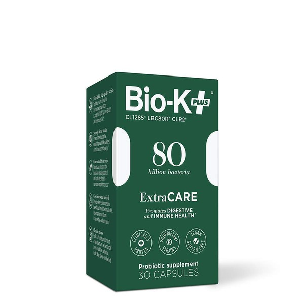 Bio-K + Extra Care Probiotic Supplement Capsules for Adult Men and Women, 80 Billion Active Bacteria, Promotes Immune System Health - Vegan & Gluten-Free Delayed Release, 20 Capules/Box