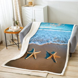 Feelyou Beach Themed Blanket for Bed Couch Travel Ocean Sea Printed Fleece Blankets Decorative Starfish Plush Throw Blanket Hawaiian Beach Sherpa Blanket Summer Holiday Throw 50"x60"