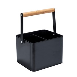 WENKO Baco Utensil Basket, Black Outdoor Kitchen Accessories, Robust Carry Basket Made of Powder-Coated Black Metal with Flexible Wooden Handle, Ideal for Transporting Sauces, 18 x 25.5 x 15 cm