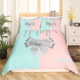 Mr Mrs Duvet Cover Twin Size,Pink Blue Glitter Bow Tie Bedding Set 2pcs for Girls Woman Lover Couple Valentine Day Home Room Decor,Romantic Wedding Comforter Cover Fantasy Princess Quilt Cover