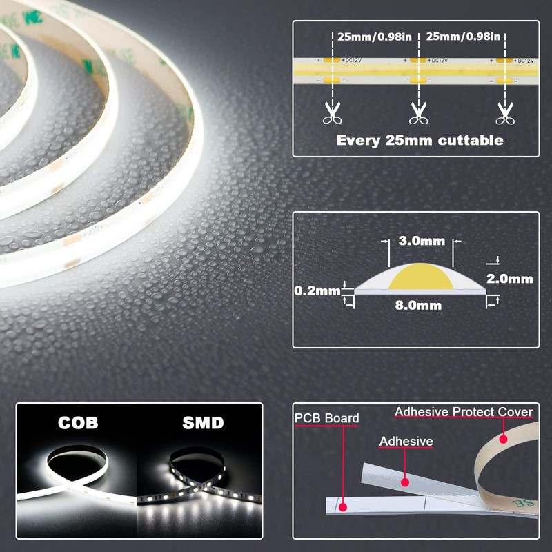 TOPAI 12V COB LED Strip Light Daylight White 5000K Waterproof