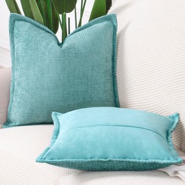 Madizz Set of 2 Chenille Velvet Cushion Covers with Flange Soft Boho Textured Throw Pillow Covers Broadside Pillowcases Modern Farmhouse Home Decor for Sofa Bedroom Turquoise 16x16 inch, 40x40 cm