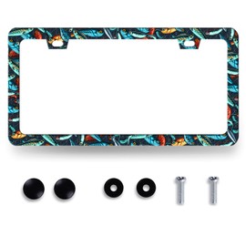 Colorful Fish License Plate Frame Retro Fishing License Plate Stainless Steel Funny Auto Accessory Decoration 12.2"x 6.2" Compatible with Standard License Plate Holder for USA Canada