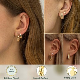 Kakonia 12 Pairs Chunky Gold Hoop Earrings Set for Women Trendy Hypoallergenic 14K Gold Plated Thick Stainless Surgical Steel Stud Huggie Earring Stacks Pack Jewelry for Sensitive Ears