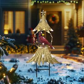 TERESA'S COLLECTIONS Christmas Garden Stake, Metal Christmas Cardinal Tree with Solar Light, Outdoor Christmas Decorations for Home, Waterproof Holiday Decoraions for Yard, Christmas Party Gifts, 31"