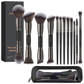 MAGEFY 12 Piezas Brochas para Maquillaje de Doble Función y Multifunción para Base, Polvos, Rubor, Delineador y Sombras, con Estuche y Caja de Regalo (Negro)