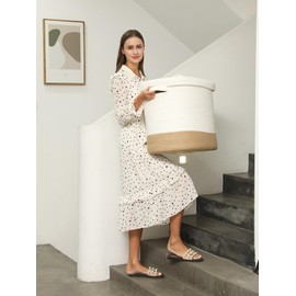 22"x14"x18" Rectangular Extra Large Storage Basket With Lid, Large Cotton Rope Storage Basket, Woven Laundry Hamper, Cloth Storage Bin, for Clothes Towels Blankets in Living Room, White/Jute Bottom