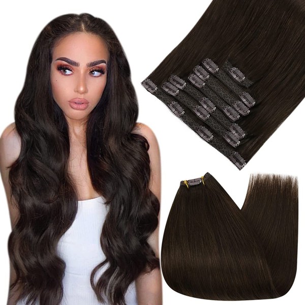 Ugeat Clip-In Real Hair Extensions, 30 cm, 80 g, Dark Brown Thick Hair, 5 Pieces, Remy Real Hair Extensions, Clip-In Dark Brown, Colour 4