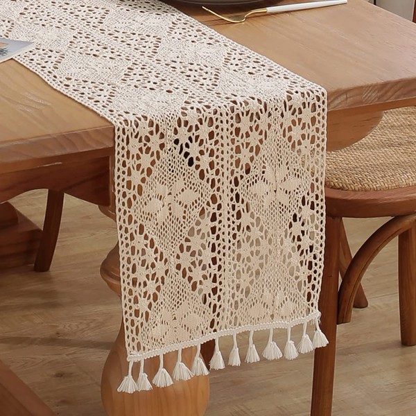 meioro Crocheted Table Runner, 30 x 180 cm, Lace Boho Table Linen, Classic Beige Wedding Tablecloth, Vintage Tassel Table Decoration for Kitchen, Food, Holiday, Party Decoration, Tablerunner