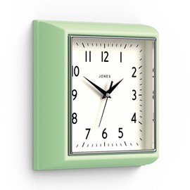 JONES CLOCKS® Mustard Wall Clock | Square Retro Clock | 10 inch | Neo Mint Green | Diner Style | Perfect for Kitchen. Living Room or Office
