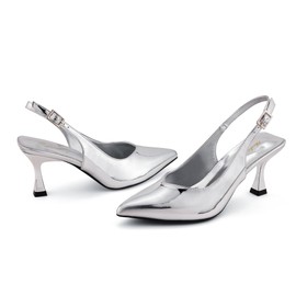 Zhabtuc Women's Kitten Heel Slingback Low Pumps 3 Inches Stiletto Pointed Closed Toe Elegant Dressy Bridal Wedding Party Shoes, Silver Patent, 5.5 UK