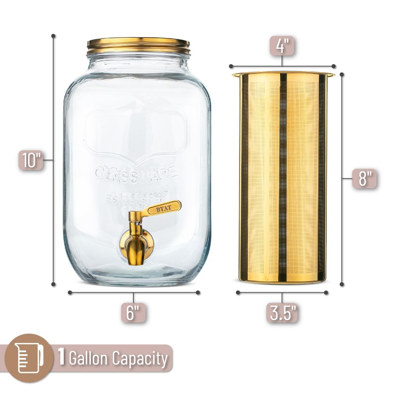 BTaT- Cold Brew Coffee Maker, 1 Gallon, Gold, Mason Jar
