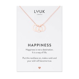 LUUK LIFESTYLE Stainless Steel Necklace With Pendant And Card with Happiness Saying, Lucky Charm, Friendship Necklace, Silver, Gold, Rose Gold, 3 Rings, rosé