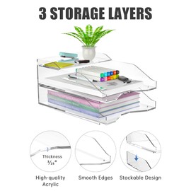 NiOffice Acrylic Paper Letter Tray, 3-Tier Stackable Clear Desk File Organizer and Storage Paper Holder for Office, School and Home Use