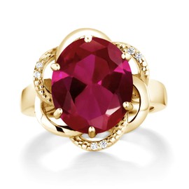 Gem Stone King 18K Yellow Gold Plated Silver Red Created Ruby Engagement Ring For Women (5.07 Cttw, Gemstone July Birthstone, Oval 12X10MM, Size 7)