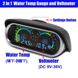 BLLYOGU Digital 2-in-1 Water Temperature & Voltage Gauge with 1/8 NPT Sensor and 30mm Adapter