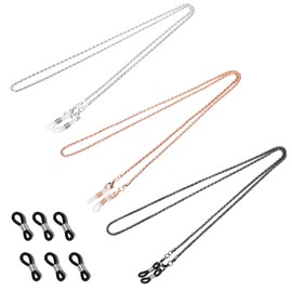 Whaline 3 Pieces Eyeglasses Chain Sunglass Neck Strap Holder with 6 Pcs Adjustable Rubber Ends Connectors (Silver Rose Gold Black)